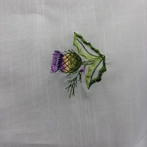 Embroidered white table square/cloth with Purple Thistles